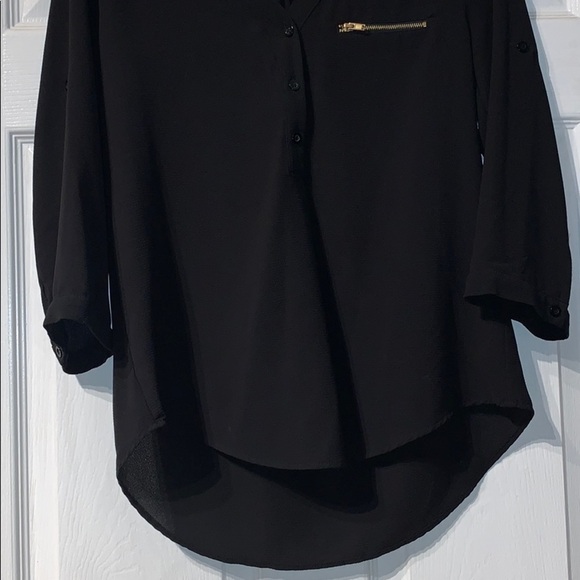 High-low, 3/4 sleeve, black blouse with zipper - Picture 2 of 5